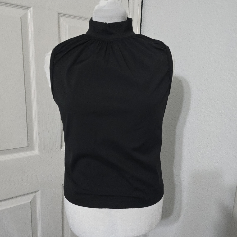 Worth New York Black Sleeveless Mock Neck Top Size Small Gathered Pleated Blouse